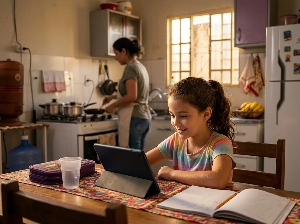 Menina jogando no tablet na mesa da cozinha de casa enquanto a mãe prepara o jantar